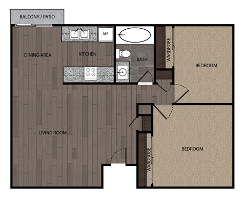 Floor plan for 2 beds, 1 bath, 840 sqft