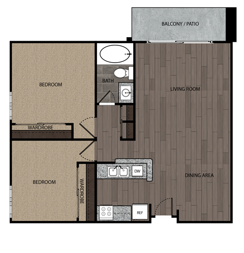 Floor plan for 2 beds, 1 bath, 762 sqft