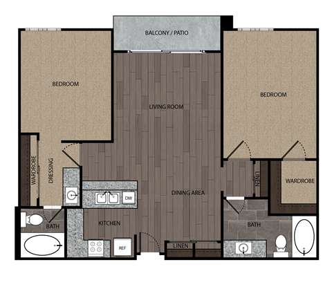 Floor plan for 2 beds, 2 baths, 953 sqft
