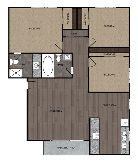 Floor plan for 3 beds, 2 baths, 1050 sqft