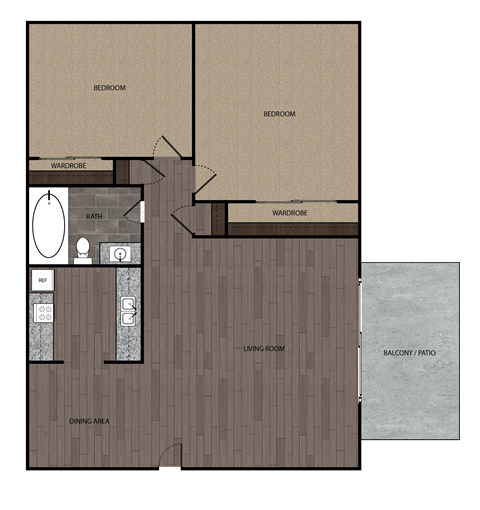 Floor plan for 2 beds, 1 bath, 760 sqft