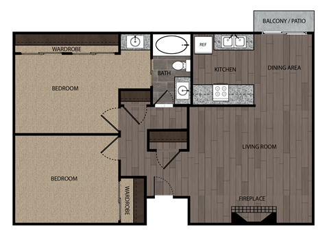 Floor plan for 2 beds, 1.3 baths, 904 sqft