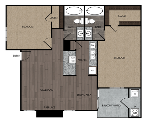 Floor plan for 2 beds, 2 baths, 900 sqft
