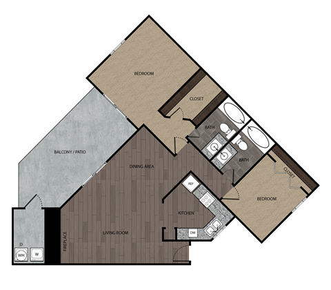 Floor plan for 2 beds, 2 baths, 990 sqft
