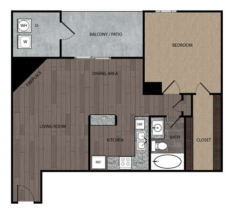 Floor plan for 1 bed, 1 bath, 660 sqft