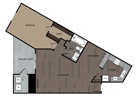 Floor plan for 1 bed, 1 bath, 760 sqft