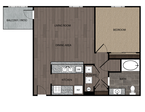 Floor plan for 1 bed, 1 bath, 771 sqft