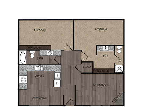Floor plan for 2 beds, 2 baths, 1200 sqft