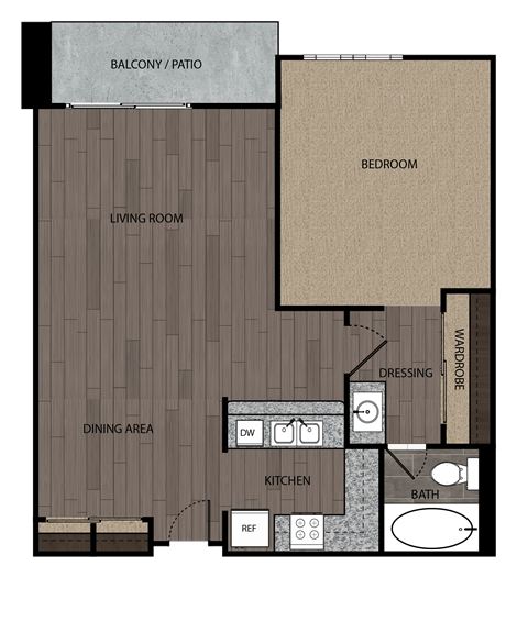 Floor plan for 1 bed, 1 bath, 623 sqft