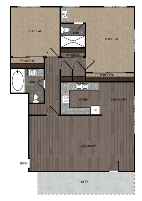 Floor plan for 2 beds, 2 baths, 965 sqft