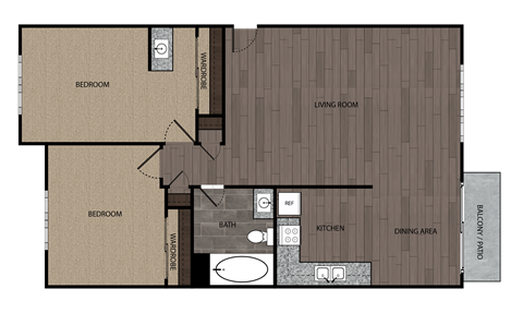 Floor plan for 2 beds, 1 bath, 820 sqft