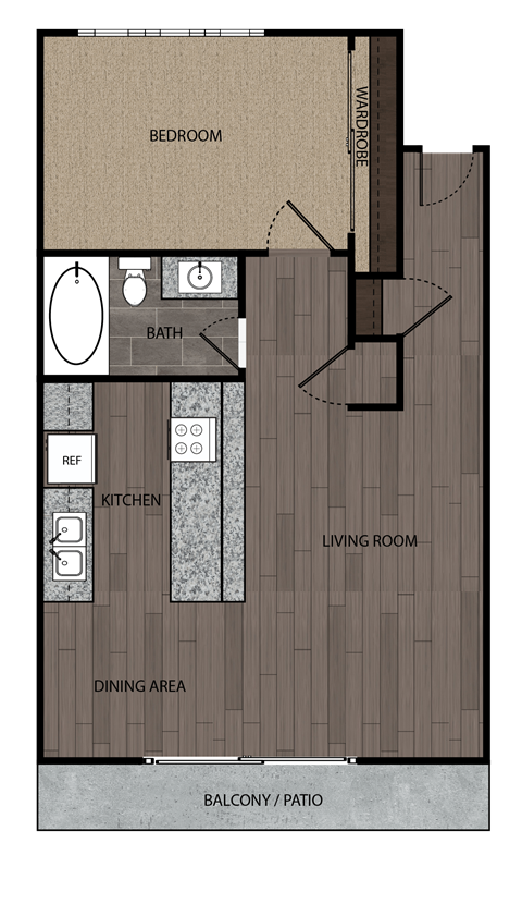 Floor plan for 1 bed, 1 bath, 513 sqft