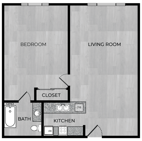 Floor plan for 1 bed, 1 bath, 600 sqft