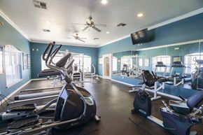 Bossier City apartment for rent - View of fitness center with weight machines, treadmill, stair stepper, stationary bike