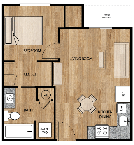 Floor plan for 1 bed, 1 bath, 525 sqft
