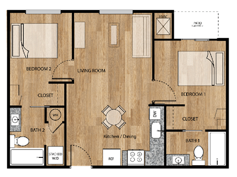Floor plan for 2 beds, 2 baths, 750 sqft