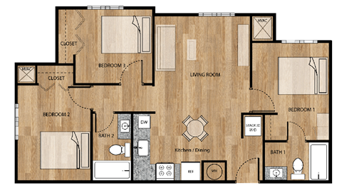 Floor plan for 3 beds, 2 baths, 950 sqft