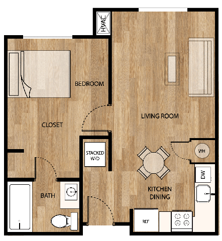 Floor plan for 1 bed, 1 bath, 550 sqft