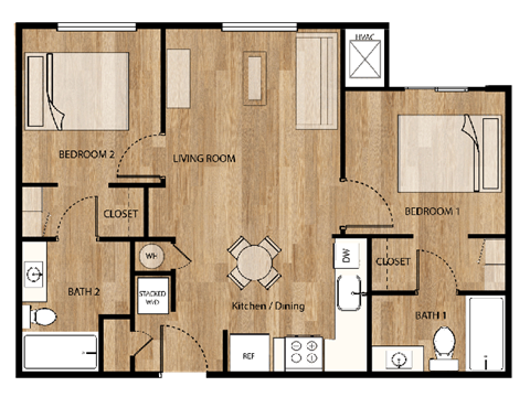 Floor plan for 2 beds, 2 baths, 750 sqft