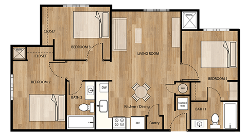 Floor plan for 3 beds, 2 baths, 950 sqft