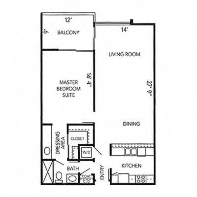 Floor plan for 1 bed, 1 bath, 974 sqft