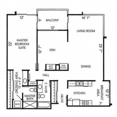 Floor plan for 1 bed, 2 baths, 1431 sqft