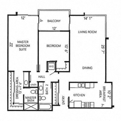 Floor plan for 2 beds, 2 baths, 1431 sqft