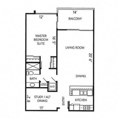 Floor plan for 1 bed, 1 bath, 968 sqft