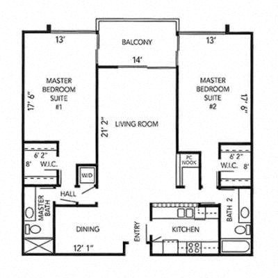 Floor plan for 2 beds, 2 baths, 1504 sqft