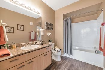 A bathroom with a large mirror and a sink and a toilet