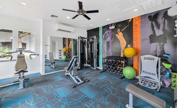 A home gym with exercise equipment and a wall mural