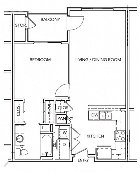 Floor plan for 1 bed, 1 bath, 762 sqft