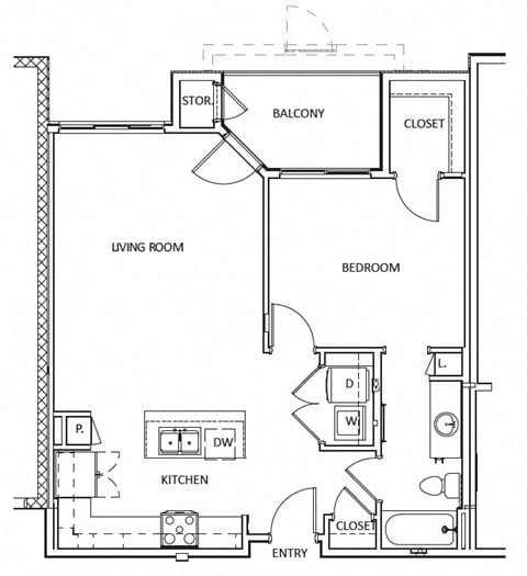Floor plan for 1 bed, 1 bath, 806 sqft