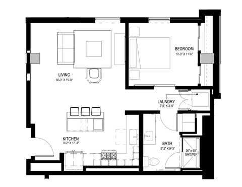 Floor plan for 1 bed, 1 bath, 744 sqft