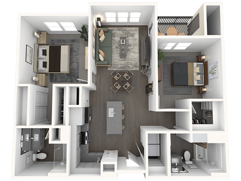 Floor plan for 2 beds, 2 baths, 1075 sqft