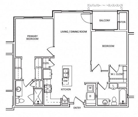 Floor plan for 2 beds, 2 baths, 1075 sqft