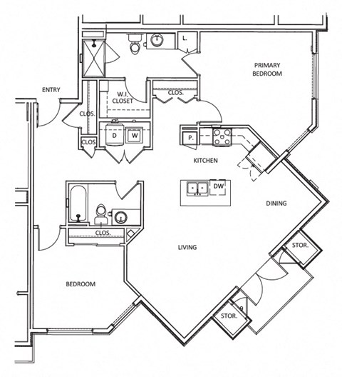 Floor plan for 2 beds, 2 baths, 1295 sqft