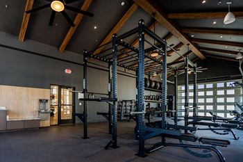 A gym with a variety of equipment including a squat rack, bench press, and a rowing machine