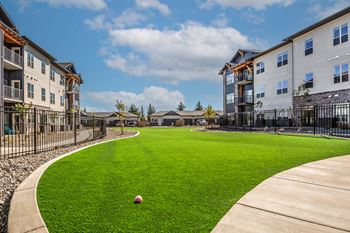 A ball is sitting on a green lawn in front of apartment buildings