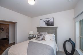 Prescott Valley apartment for rent - bedroom with white walls and a bed with blue and white pillows at The Crossings  at Windsong, Prescott Valley