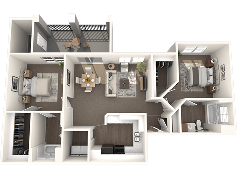 Floor plan for 2 beds, 2 baths, 968 sqft