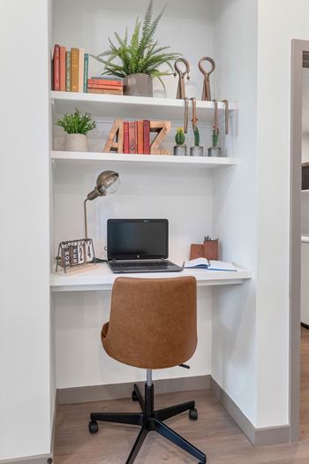 Built-in desk with open shelving*
