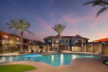 Stunning pool & spa with poolside cabanas