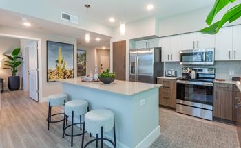 Gourmet kitchen with modern cabinetry, premium quartz countertops & tile backsplash