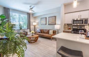 Phoenix apartment for rent - A living room with a brown sofa and a white counter.