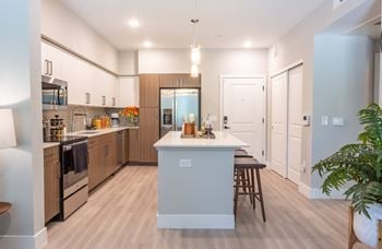 Gourmet kitchen with modern cabinetry, premium quartz countertops & tile backsplash