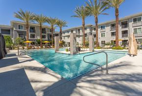 Phoenix apartment for rent - 1-Bedroom Luxury Apartments In North Phoenix, AZ - The Amelia - Stunning Pool And Spa with Poolside Cabanas And Seating Areas With Fire Pits.