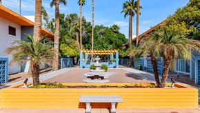 Phoenix apartment for rent - A bright yellow bench sits in front of a blue building with a palm tree at The Phoenix Apartments on 6th Avenue, Phoenix
