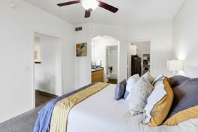 Phoenix apartment for rent - Master bedroom with vaulted ceiling and ensuite bathroom at Ventura Vista Apartments, Phoenix, AZ