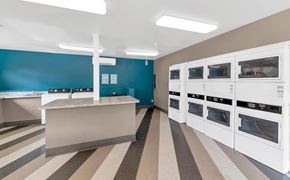 Glendale apartment for rent - a kitchen with white cabinets and a counter and a blue wall at Glen Brae, Glendale